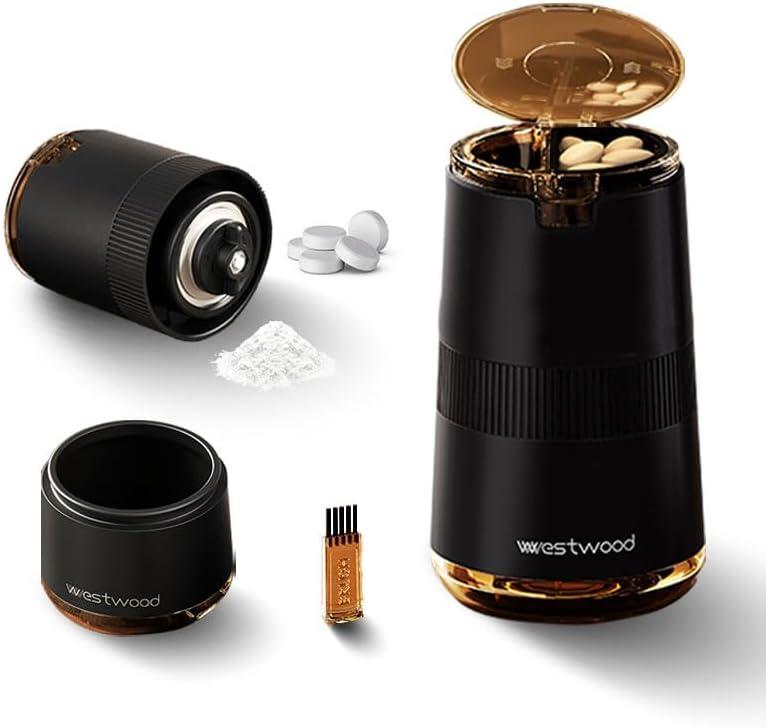 Pill Crusher for Fine Powder, Adjustable Pill Grinder with Ceramic Core & 2-Level Grinding Control, Sealed Medication Storage & Built-in Brush, Ideal for Elderly, Pets and Small/Large Tablets (Black)