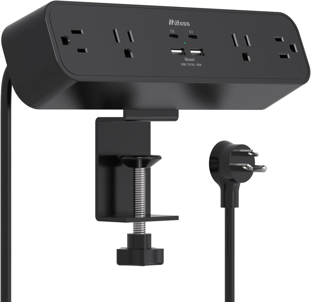 PD30W Desk Clamp Power Strip, Desktop Mount Surge Protector, Fast Charging Station, 5Ft Extension Cord Desk Mount Shelf with 4 Outlets 4 USB Ports (2 USB C), Home Office Accessories Essentials, Black
