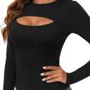 Vrtige Women's Long Sleeve Top Cut Out Front Fitted Sexy Cute Casual Tops Tee Dressy T-Shirt (Black, XL)