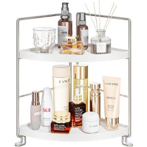 2-Tier Bathroom Corner Counter Organizer, Makeup Storage Shelf Vanity Tray, Bathroom Sink Countertop Organizer, Silver (6.7"D x 6.7"W x 11"H)