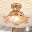 Semi Flush Mount Ceiling Light,Hallway Vintage Lights E26 Fixture Ceiling Green 11" Vintage Light Fixtures for Closet Hallway Kitchen Dining Room (Flower Amber)