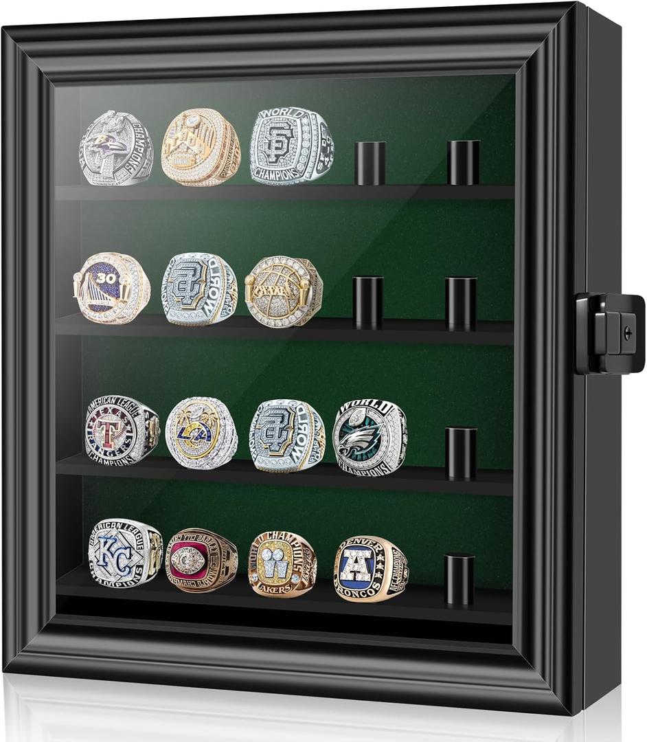 Championship Ring Display Case, Lockable Baseball Ring Holder with 20 Posts, Wooden Shadow Box Wall Mount for Multiple Rings