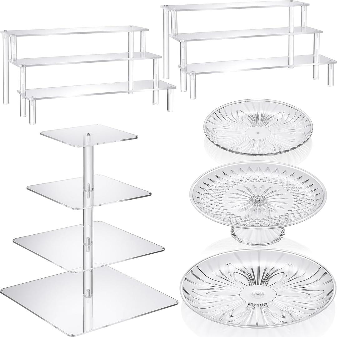 6 Pcs Acrylic Cake Stands Set Include 2 Pcs Display Risers 1 Pcs 4 Tier Cupcake Tower and 3 Clear Round Dessert Trays Cake Table Holder for Wedding Baby Shower Tea Party Decoration(Square)