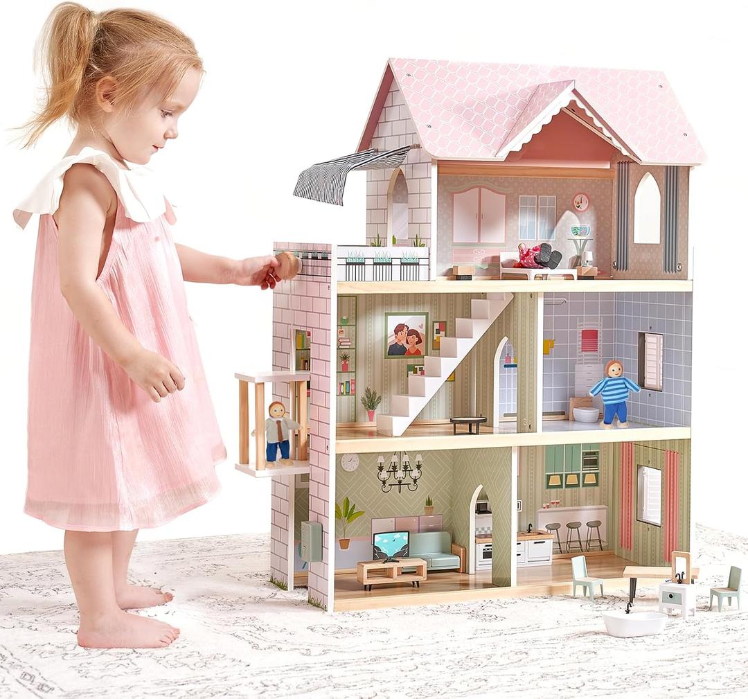 Giant bean Large Pink Wooden Dollhouse with Furniture for Girls with Doorbell, Light,Elevator, 6 Rooms 2.6ft High,15 Pcs Furniture & 3 Dolls, Kids Playhouse Toy for Girls 3-7+, 31.5" x 25" x 12.2"
