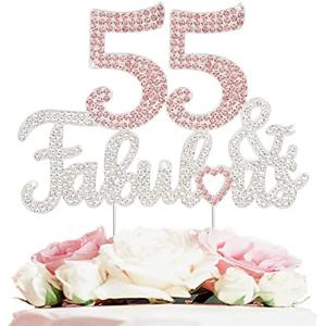 LASKYER 55 & Fabulous Silver Pink Rhinestone Cake Topper - Happy 55th Birthday Cheers to 55 Years Old Bday Party Metal Sparkly Food Centerpieces Topper Decorations Keepsake.