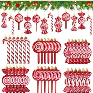 36 Pcs Christmas Candy Ornaments Hanging Glitter Candy Cane Christmas Tree Decoration Red Plastic Peppermint Lollipop Ornament with Golden Ropes for Xmas Home Party Decorations
