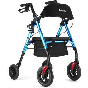 Ambliss 10" Front Wheeled Walkers for Seniors,Rollator Walker with Seat and Extra Wide Backrest, Lightweight Collapsible Rolling Walker, Adjustable Height Rollator Walker with Cup & Cane Holder (Blue)