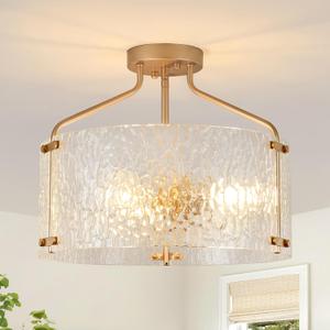 Semi Flush Mount Ceiling Light Fixture Glass Drum Chandelier Entryway Light Fixture 16''Gold Flush Mount Ceiling Lights 3-Light Foyer Lighting fixtures for Living Room Hallway Bedroom