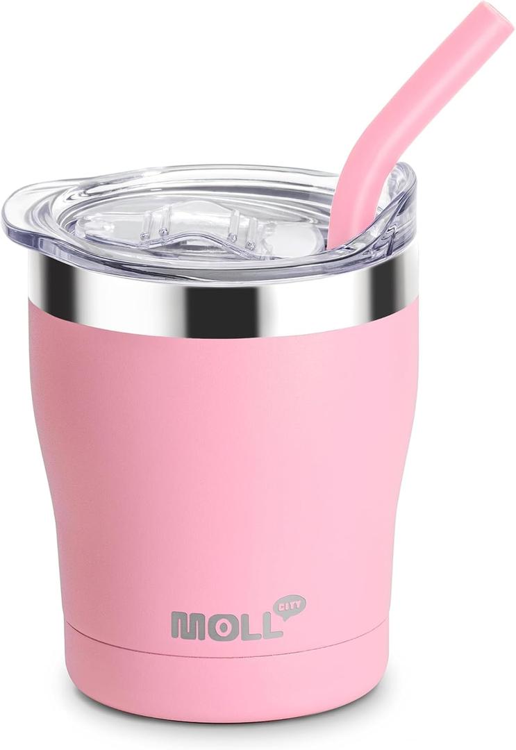 Kids Tumbler with Straw-9 oz Stainless Steel Double Wall Vacuum Insulated Tumbler Cup with Leak-Proof Lid, Sweat-Free (Pink)
