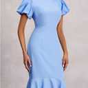 Women's Puff Short Sleeve Dress Crew Neck Ruffle Hem Going Out Knee Length Dresses (Blue, L)