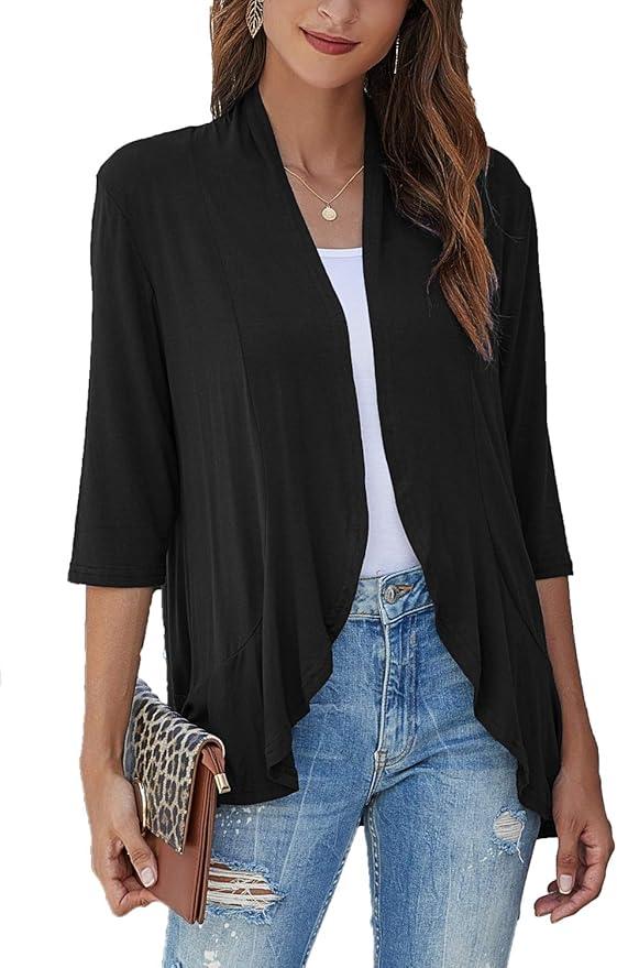 Bluetime Women's Casual Lightweight Open Front Cardigans Soft Draped Ruffles 3/4 Sleeve Cardigan (S)