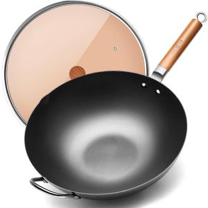 WANGYUANJI Carbon Steel Wok 14.2", Large Nitriding Flat Bottom Stir Fry Pan with Lid, No Chemical Coating Rust Resistant Iron Skillet for Induction Electric Gas Stoves, Big Capacity Serves 6+
