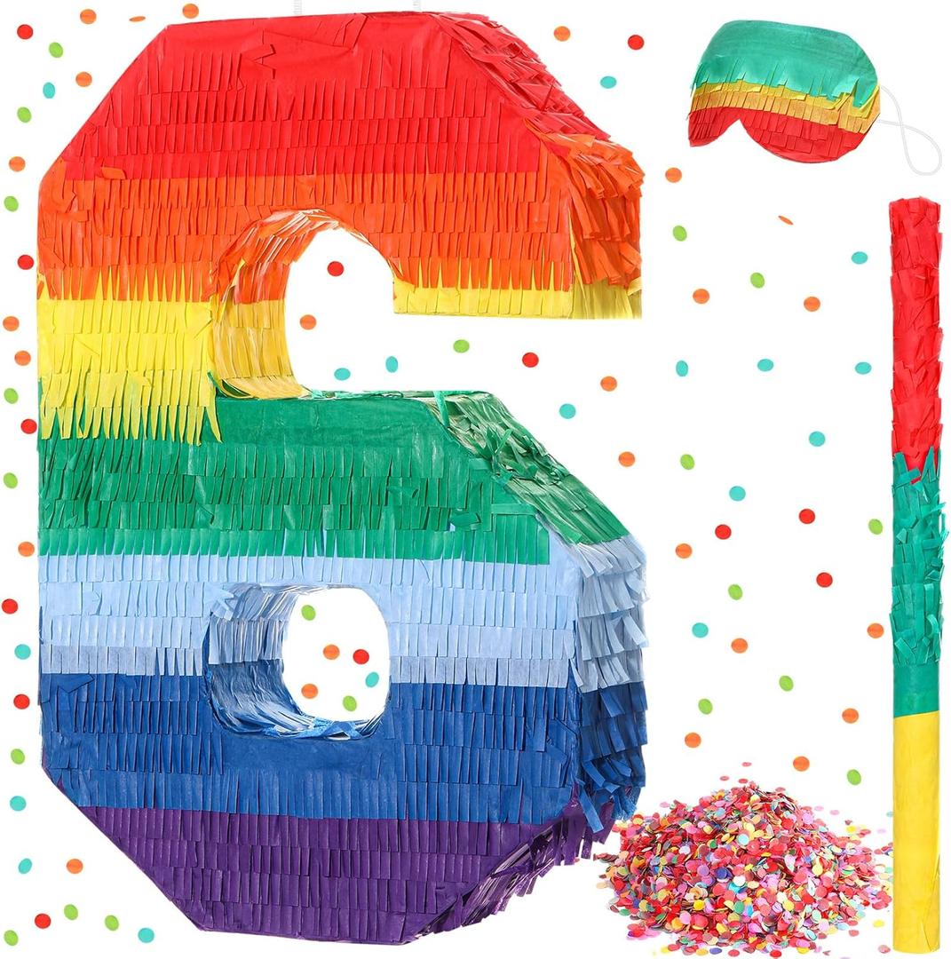 Sratte Rainbow Number Piata Multicolor Piata Small Kids Birthday Party with Blindfold Stick and Confetti for Birthday Anniversary Cinco De Mayo Fiesta Party Decor(Number 6)