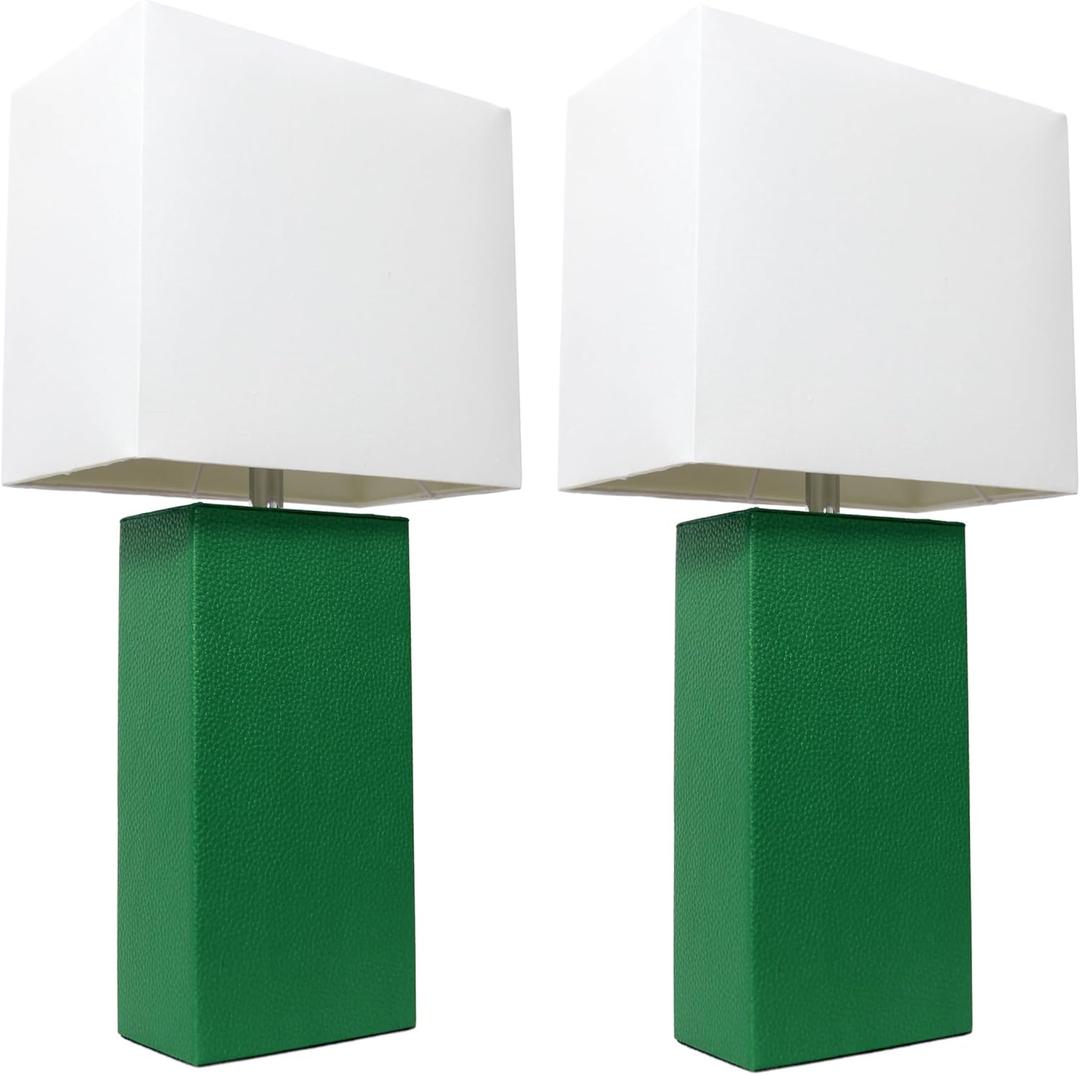 Elegant Designs LC2005-GRN-2PK 21" Luxe Leather Duo, Modern 2-Pack Table Lamps with Chic Shades, for Living Room, Bedroom, Office, Green
