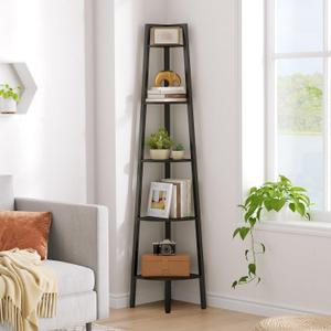 Hoctieon Corner Shelf, 5-Tier Corner Bookshelf, Rustic Ladder Shelf, Industrial Display Stand for Living Room, Kitchen, Home Office, Balcony, Small Space, Metal Frame, Black 