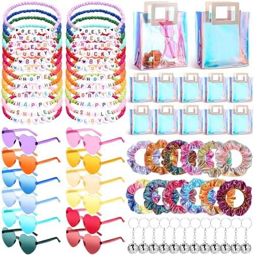 Geiserailie 144 Pcs/24 Set Party Favors Friendship Gifts Include Bead Bracelets Disco Ball Keychains Heart Sunglasses Scrunchies Gift Bags for Girls Fans Party Supplies Birthday Decorations