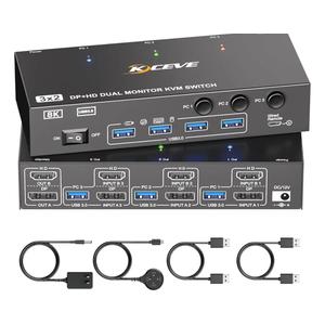 HDMI Dispalyport KVM Switch 2 Monitors 3 Computers 8K@60Hz/4K144Hz, USB3.0 Dual Monitor KVM Switches for 3 PC Share 4 USB 3.0 Ports and 2 Screens, with 3 USB Cables and Wired Remote