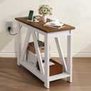 Farmhouse End Table, Narrow Side Table with Charging Station, Slim End Table with Storage Shelf for Small Spaces Living Room, Slim Nightstand for Bedroom, Rustic White and Honey Brown