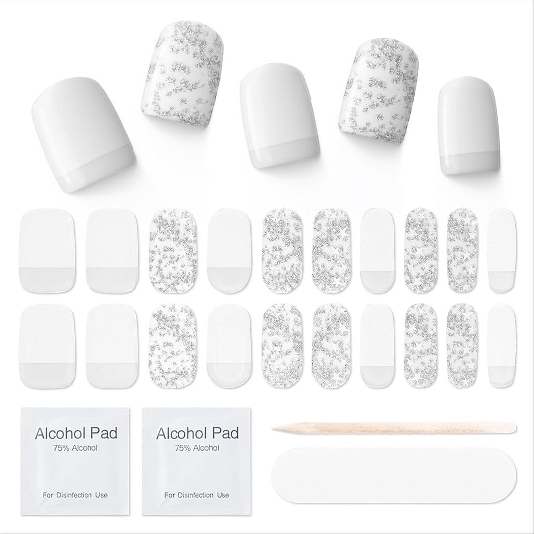3 x Semi Cured Gel Nail Strips|Works with Any UV/LED Lamps|20 Pcs Gel Nail Stickers|Long-Lasting Two Weeks and Easy to Apply & Remove|White Winter