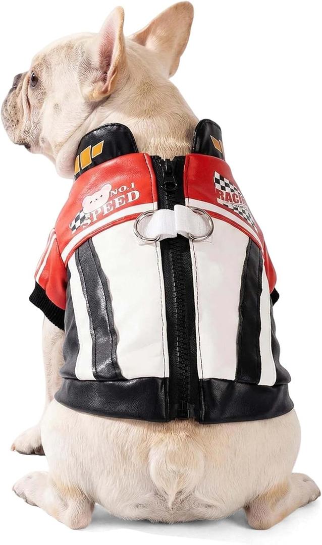FLAdorepet Cool Dog Racer Costume,Pet Race Car Driver Costume Outfits,Winter Dog Leather Jacket with Leash Ring,Warm Fleece Coat Clothes for Dogs (Black, XL) (XL(Bust 19.6inch|Pet 12-15Lbs))