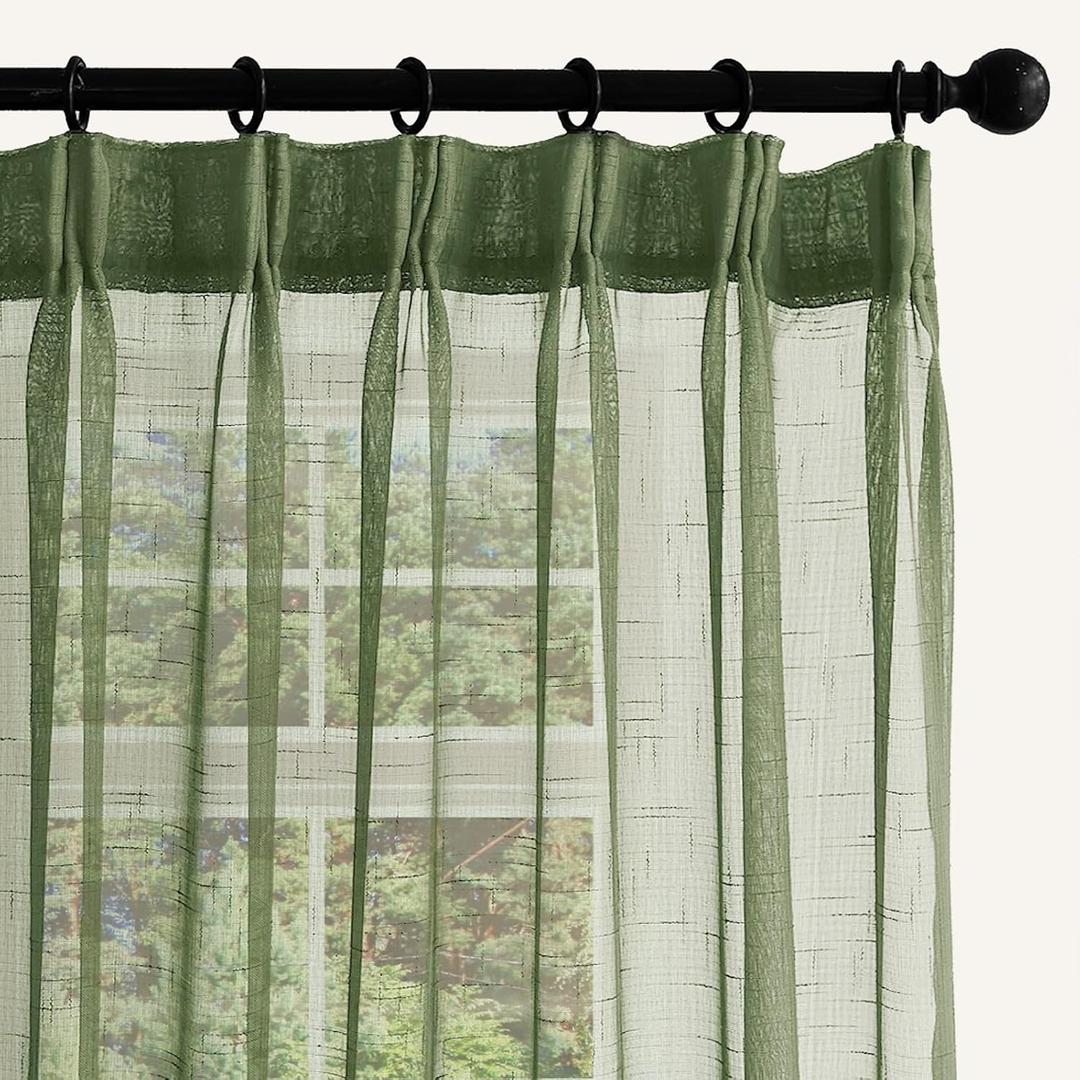 Sage Green Linen Look Sheer Curtains 102 Inches Long 2 Panels, Rustic Textured Light Filtering Drapes, Elegant Window Decor, Floor to Ceiling Pinch Pleat Curtain with Hooks