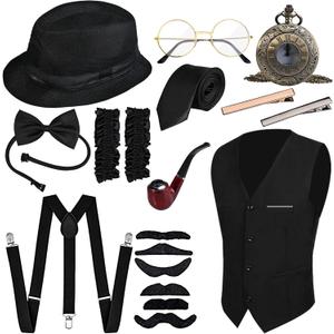 GOLDGE Gatsby-inspired 1920s Men's Costume Set with Gangster Vest, Pocket Watch, Hat, Suspenders Accessories for Halloween Cosplay or Retro Parties