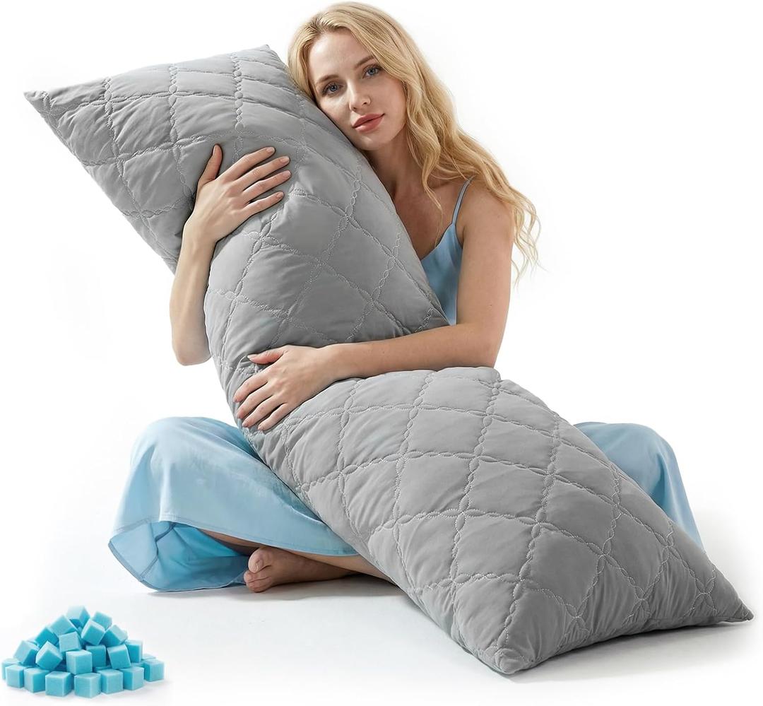 BEDELITE Cooling Body Pillow, Memory Foam Filled, Light Grey, 20x54 Inches | Soft & Cool-Touch Quilted Nylon-Spandex Cover, Adjustable Fill, Perfect for Side Sleepers, Hot Sleepers, Pregnancy, Back Pain