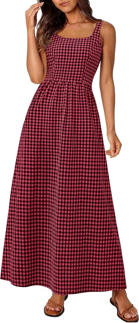 PRETTYGARDEN Women's 2026 Summer Spaghetti Strap Maxi Dresses Plaid Square Neck A Line Casual Beach Vacation Long Sundress (Red, L)
