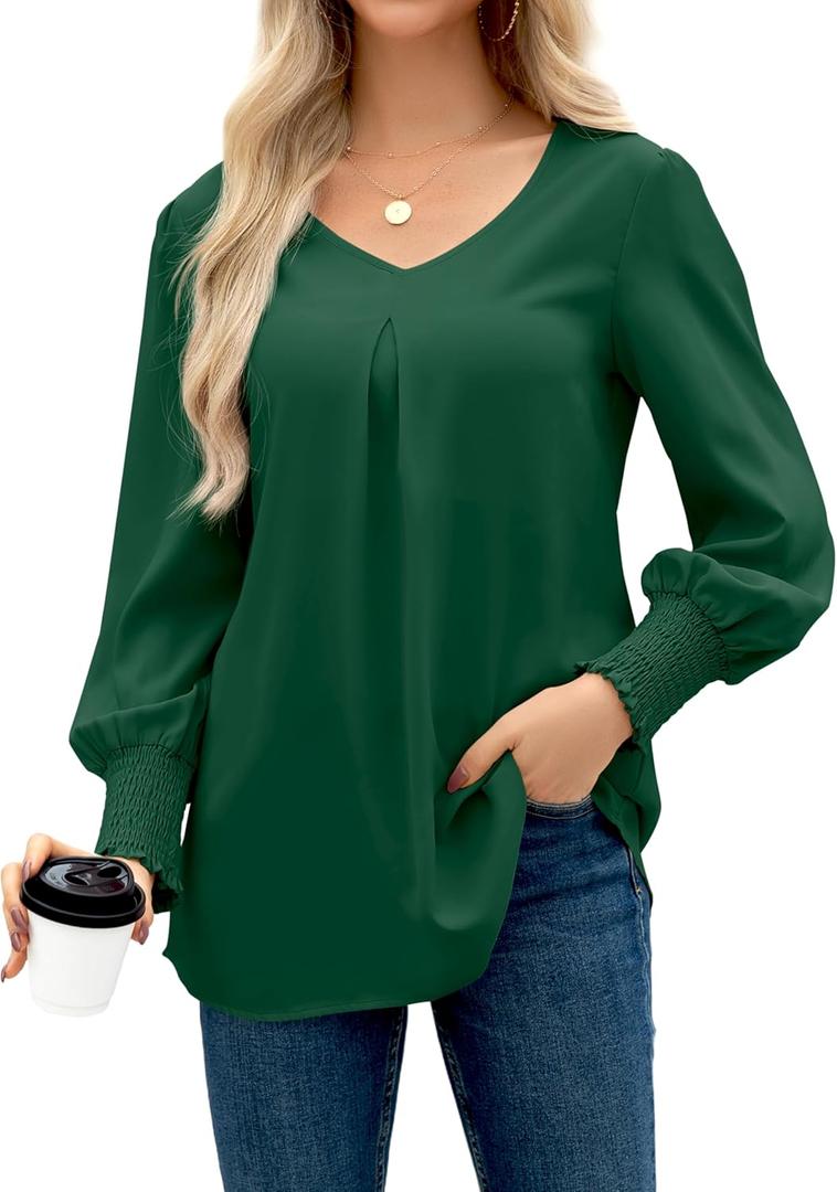 OMSJ Women's V Neck Smocked Cuffs Long Sleeve Dressy Casual Shirts Loose Chiffon Work Blouse Elegant Tops(Dark Green, L)
