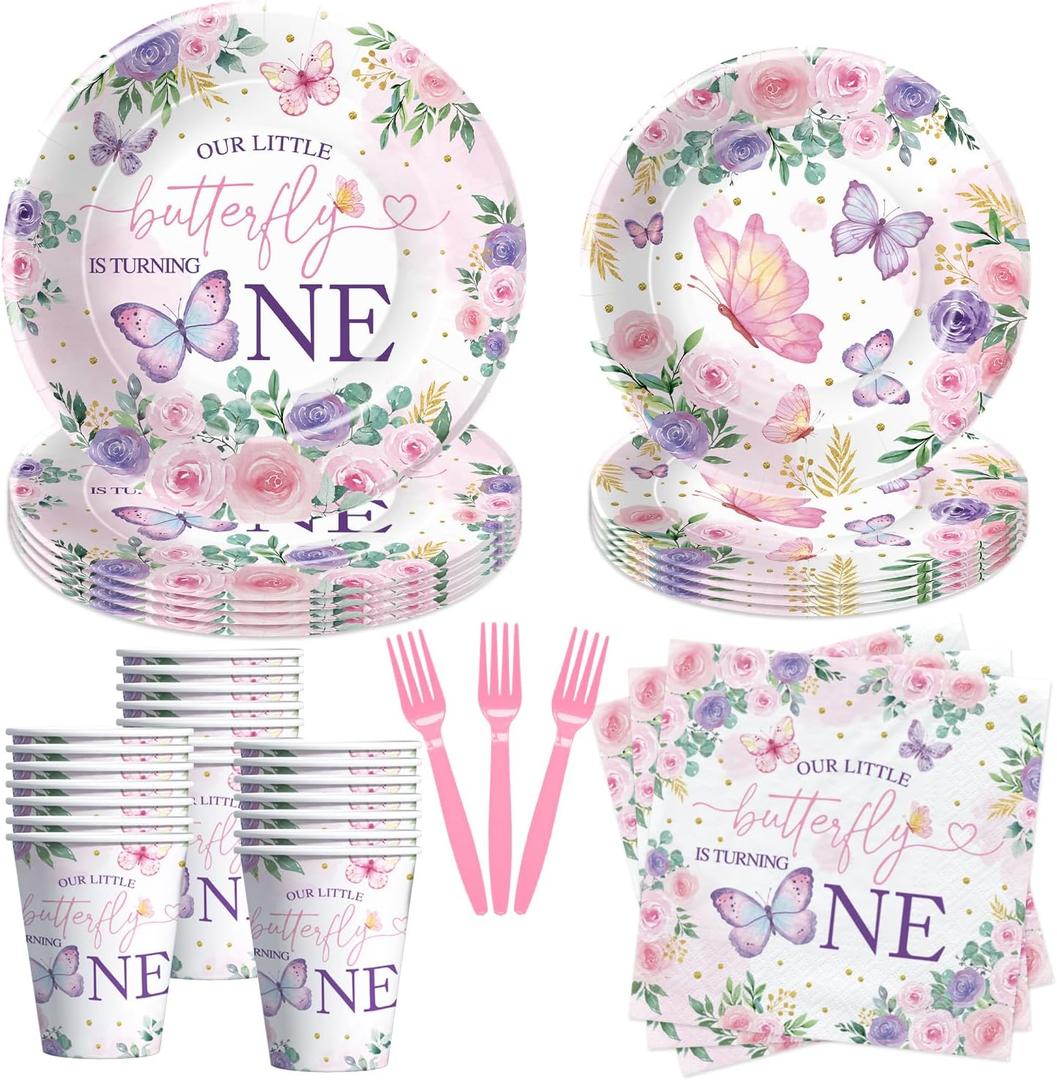 Butterfly First Birthday Plates And Napkins Party Supplies - Girl's 1st Birthday Decorations, Plate, Cup, Napkin, Fork for One-Year-Old Party Tableware | Serves 24