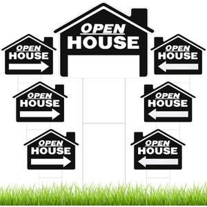 Pinkunn 7 Pack Large Open House Signs for Real Estate, 18x14 Inch Double Sided with Metal Stake, Weatherproof Heavy Duty Plastic Open House Directional Yard Board for Estate Agent Property Sale(Black)
