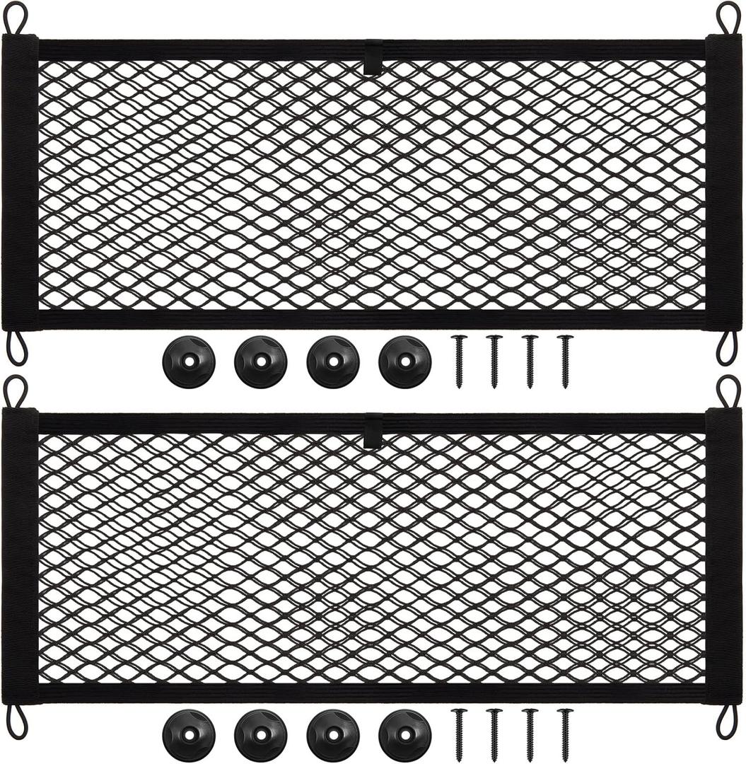 Frienda 2 Pieces Stretchable Small Cargo Net Pocket Storage Mesh Net Elastic Automotive Storage Pouch with 8 Pieces Mounting Screws and Hooks for Truck Car SUV Boats(25 x 9.8 Inches)