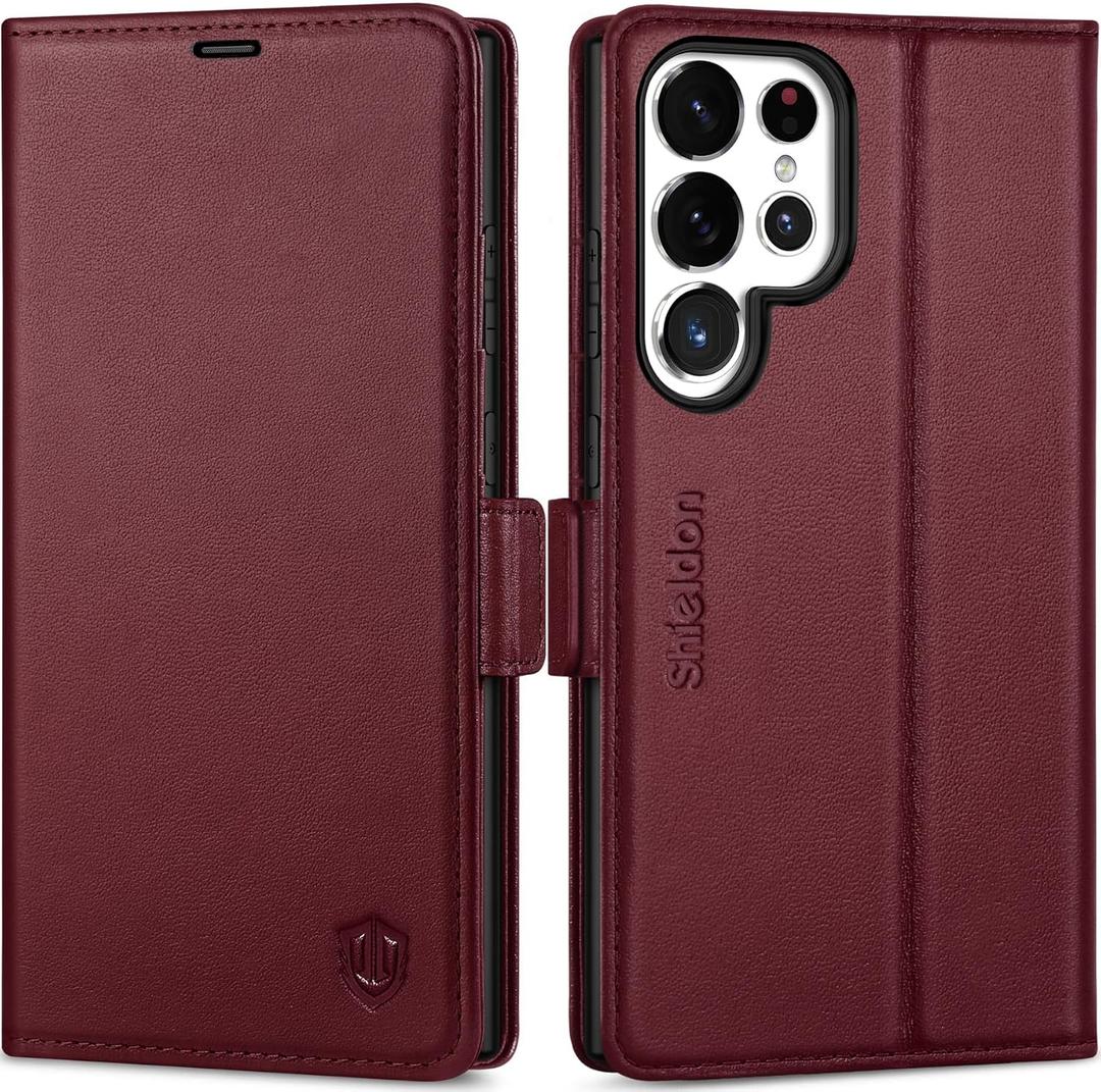 SHIELDON Wallet Case for Galaxy S25 Ultra 6.9", Genuine Leather Folio Magnetic Cover RFID Blocking Credit Card Holder Kickstand Shockproof Case Compatible with Galaxy S25 Ultra - Wine Red