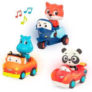 B. toys  Toy Vehicles & Animal Characters  Race Car, Motorcycle, Pick-Up Truck  Toy Cars for Toddlers, Kids  Lights & Sounds  1 Year +  3-Pack Mini Riders (missing one car)