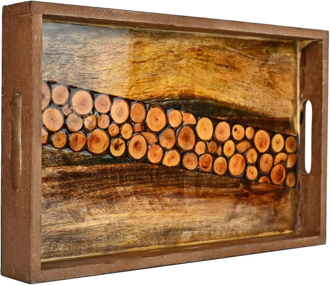 16 Inch Wooden Serving Tray with Handles Premium Engraved Solid Wood Tray for Coffee Table Ottoman Kitchen Counter & Farmhouse Home Dcor Rustic Decorative Entertaining Platter
