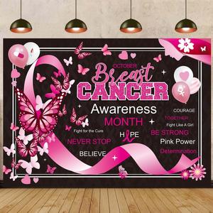 Breast Cancer Awareness Backdrop Pink Ribbon Banner October Breast Cancer Month Photography Background Black Pink Butterfly Hope Strength Office Home Party Decorations (94X70 inch (8x6FT))