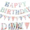 2 Pcs 8 ft Felt English Garden Birthday Banner Pre-Strung Floral Happy Birthday Decoration Triangle Bunting Banner Reusable Felt Garden Garland Decor for Party Photo Prop Home Backdrop