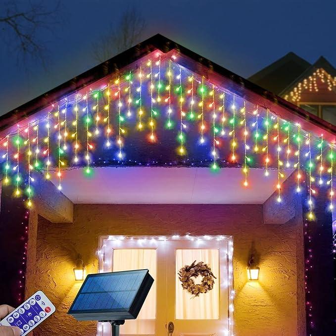 Janchs 304 LED Solar Christmas Lights, Multicolored Outdoor Icicle Lights, 8 Modes Waterproof Solar Powered String Lights for Xmas Tree Patio Yard Garden Wedding Party House Eaves Roof Decorations