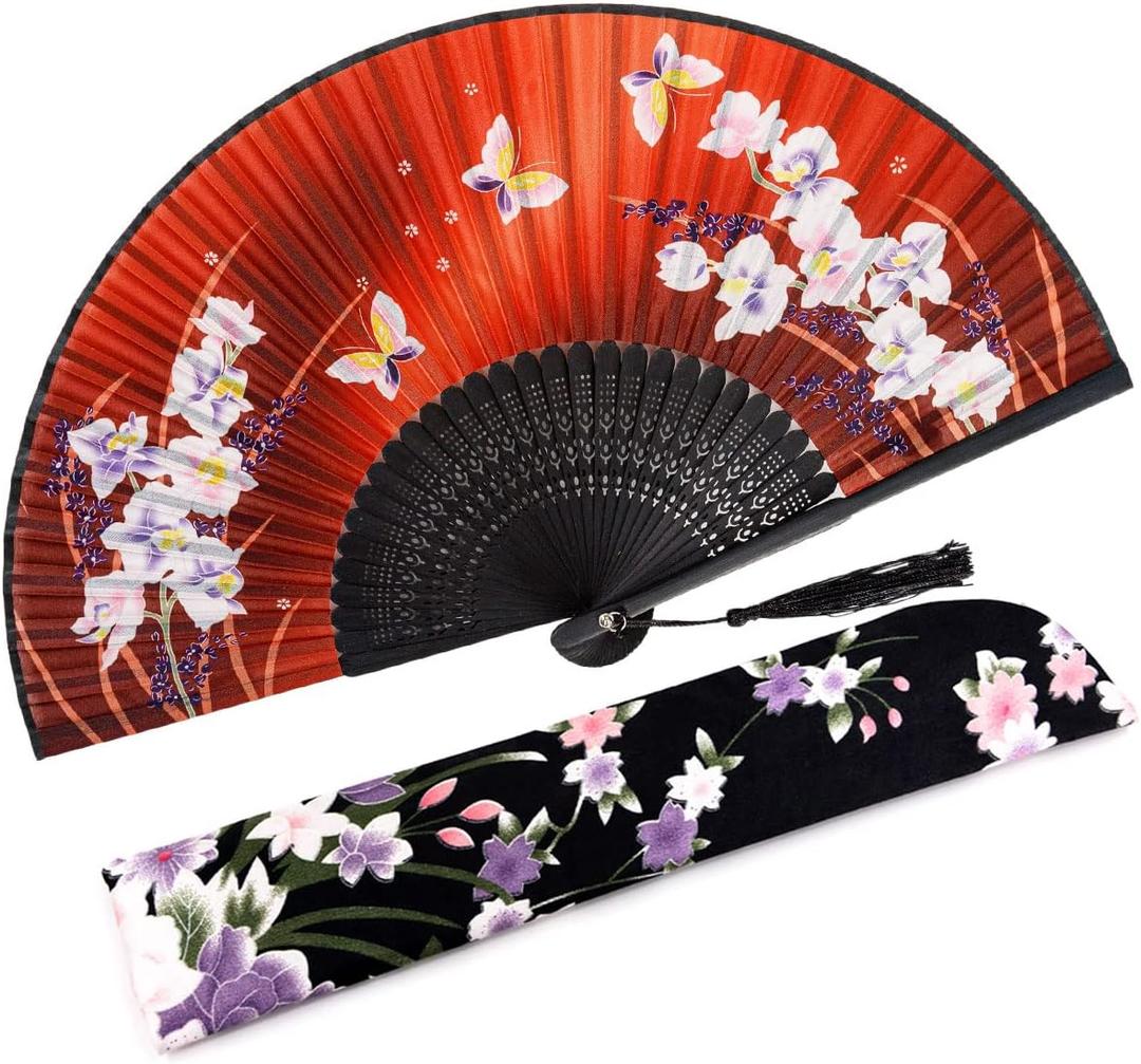 8.27"(21cm) Hand Held Bamboo Silk Folding Fan, Chinese/Japanese Charming Elegant Vintage Retro Style, Women Ladies Girls for Birthday, Wedding, Party, Red Orchid