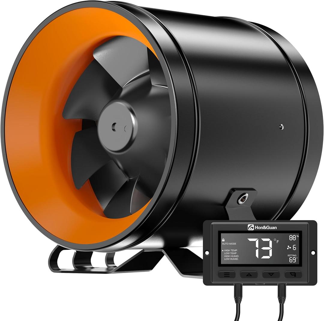 Hon&Guan PRO 6 Inch Inline Duct Fan - 405 CFM with Quiet EC Motor & Temperature Humidity Smart Controller, Ventilation Exhaust Fan for Heating Cooling, Grow Tents, Hydroponics (Black&Orange)