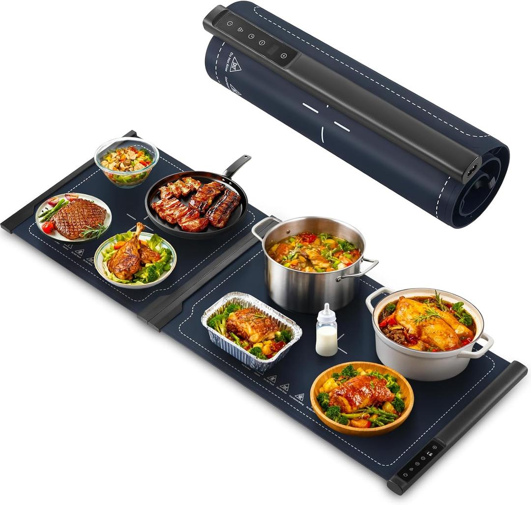 Food Warming Mat - 42" x 16" Extra Long Fast Heat Up Food Warmer with 7 Level Temp & 4 Hour Timer Function, Portable & Rollable Warming Tray Mat for Buffets Party and Home (Dark Blue)
