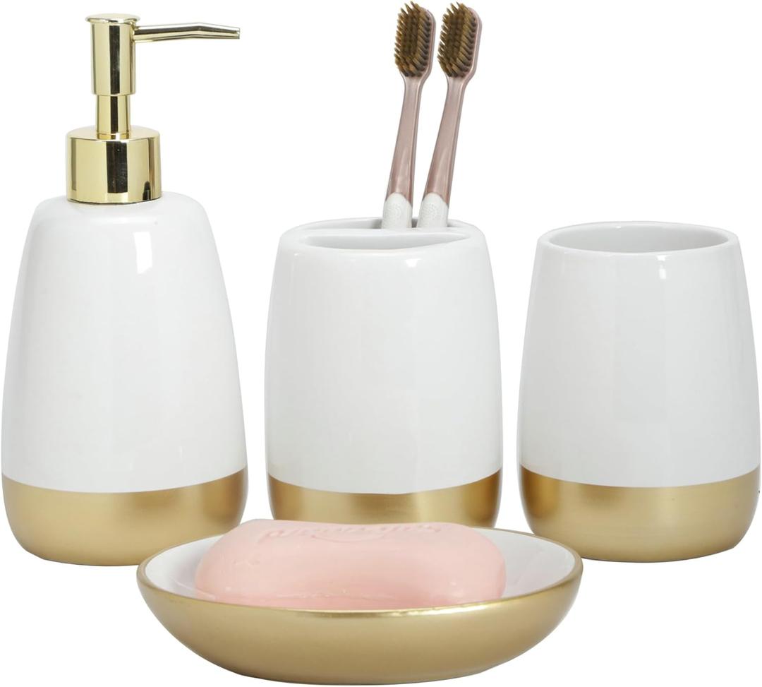 Elegant White with Gold Bathroom accesory Set 4pc,Toothbrush Holder soap Dispenser soap Dish Tumbler Cup for Bathroom Decor Morden Style (White 2)