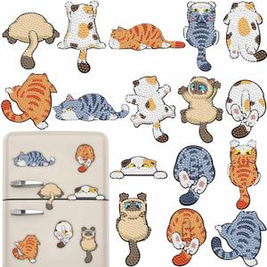 16 Pcs Cat Diamond Painting Magnets Kits,Funny Diamond Art Fridge Magnet Refrigerator Sticker Diamond Painting kit for Beginners Adults DIY Art Craft Gifts Home Decors (Funny Cats)