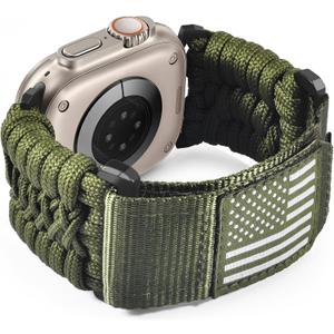 Nylon Loop Sport Band Compatible With Apple Watch 49mm 45mm 44mm 42mm, Rugged Tactical Paracord Strap for Ultra 2/Ultra Series 10 9 8 7 6, Breathable Braided Smartwatch for Men(Green)