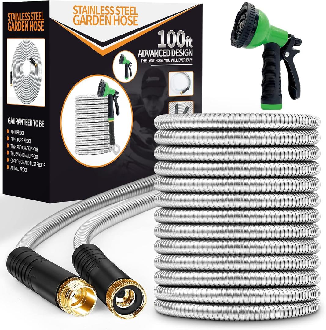 Garden Hose 100ft, Stainless Steel Heavy Duty Water Hose with 10 Function Nozzle Flexible, Lightweight, No-Kink, Pet Proof, Puncture Proof Metal Hose for Yard, Outdoor