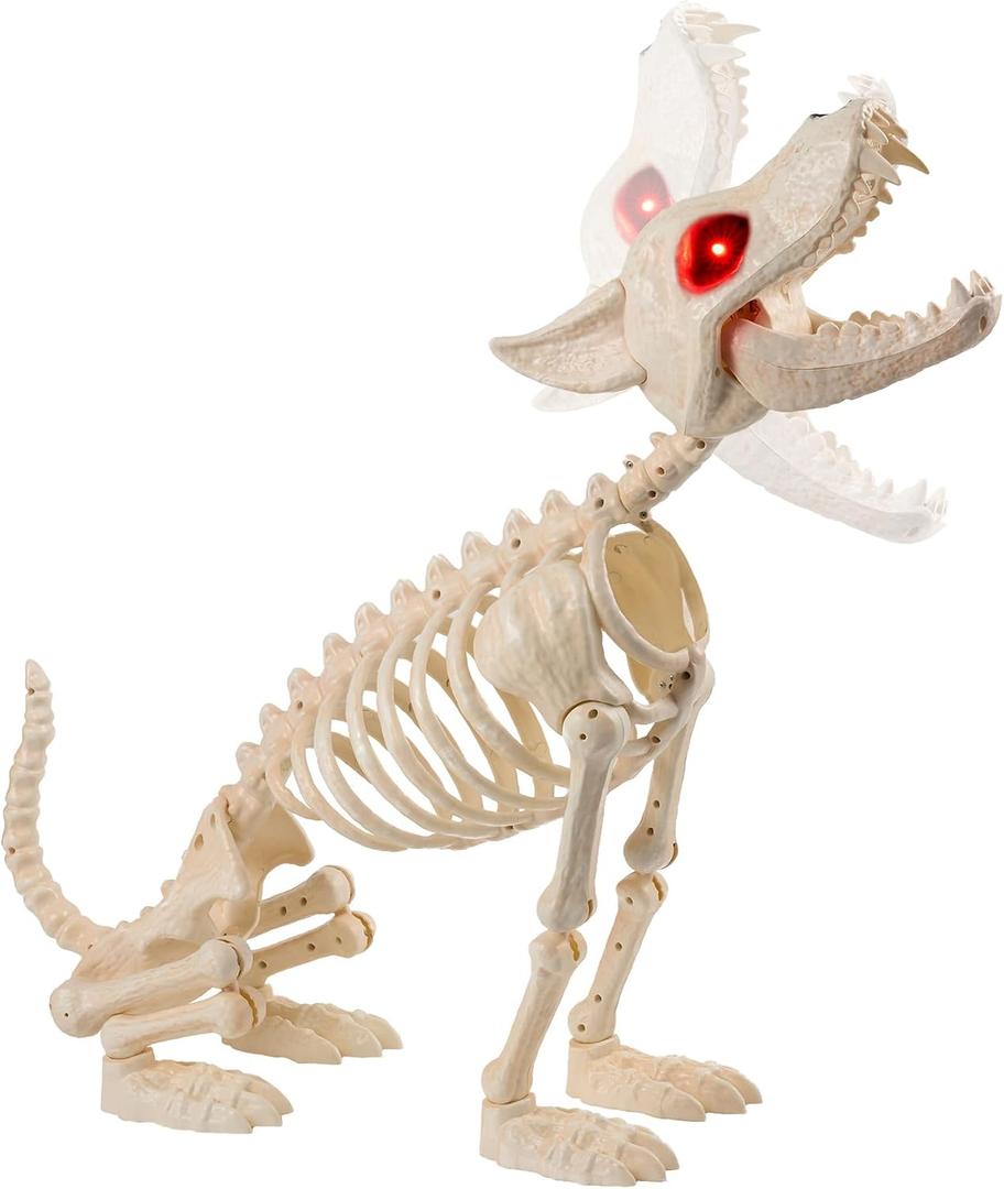 JOYIN Howling Wolf Skeletons Halloween Decorations 34” Skeleton Dog with Red LED Eyes, Auto-Chin Opening and Closing, Movable Posable Joints Animal Skeleton for Outdoor Indoor Garden Graveyard Decor