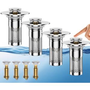 Bathroom Sink Drain Strainer,Universal Pop-Up Sink Stopper Hair Catcher, Stainless Steel Anti-Clog Drain Filter Basket, Removable Sink Drain for Bathroom Sink Stopper Replacement (Silver-4pcs)