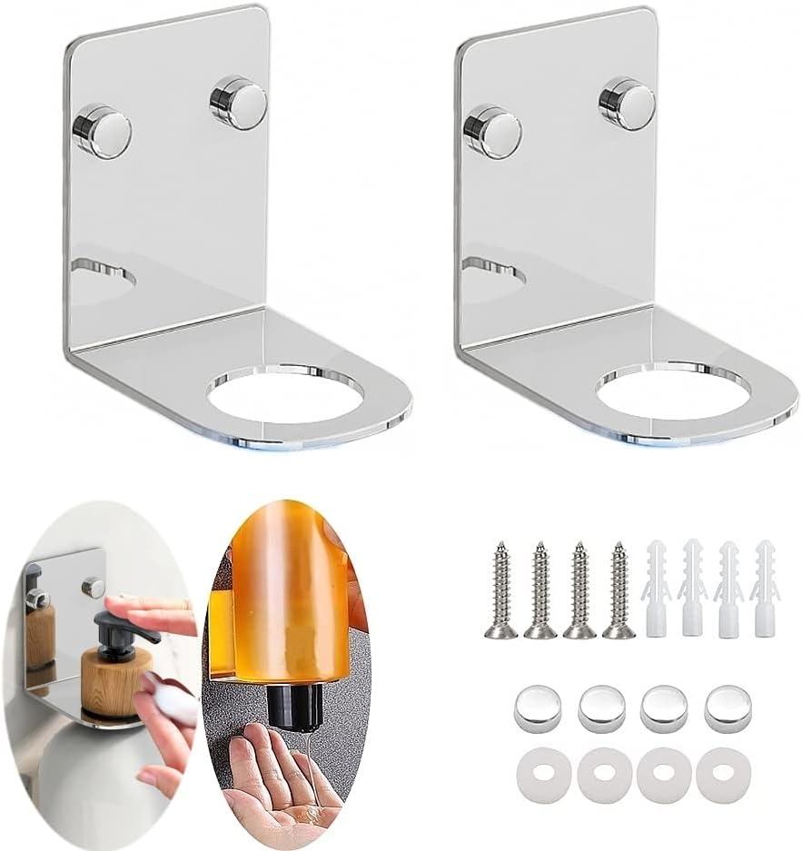 BiJun Soap Bottle Dispenser Holder Wall Mounted, Hand Pump Bottles Dispenser Stand Hanging Rack Shampoo Standing Shelf Storage Holder Bracket for Bathroom Kitchen (Silver 2 Pack)