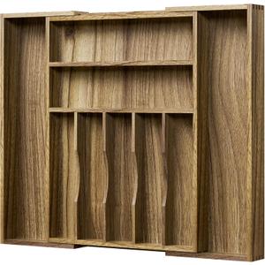 Kiasthome Acacia Wood Kitchen Silverware Drawer Organizer, Expandable Utensil Cutlery Drawer Organizer with Dividers, Flatware Organizer Silverware Tray for Spoon, Fork, 13''-20''x16.9'' (7-9 Slots)