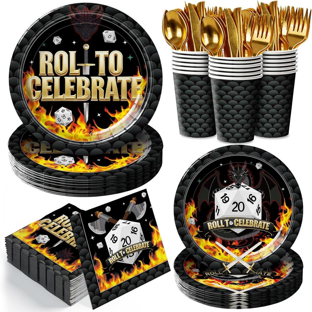168Pcs D20 Dice Party Supplies Dungeons Game Themed D20 Dice Plates Napkins Role-Playing Game Tableware Set Roll to Celebrate Themed Birthday Party Decorations Serves 24